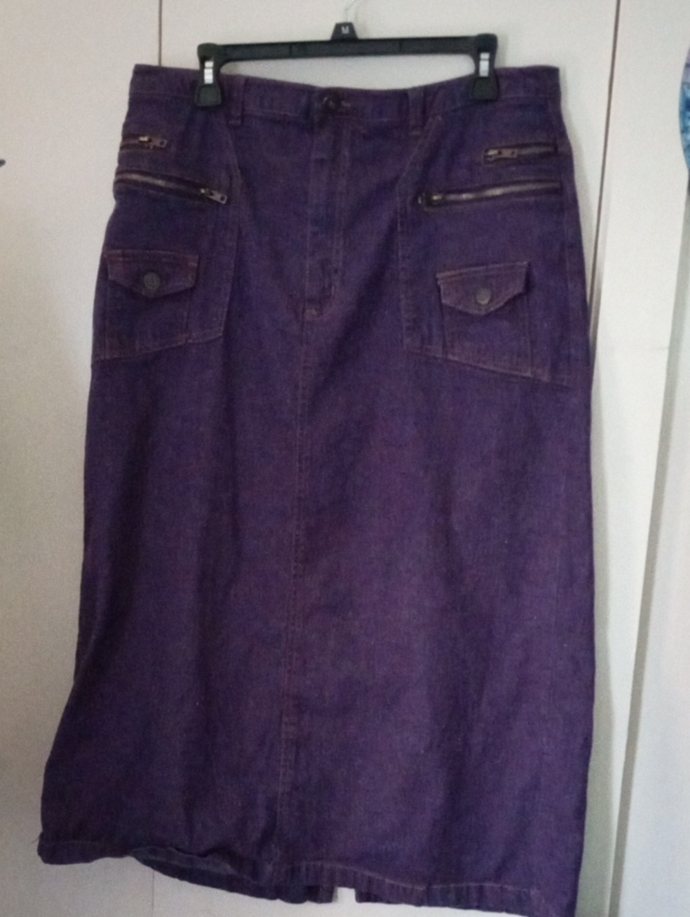 Denim 24/7 Purple Midi Denim Skirt with Utility Pockets Ramie Cotton Blend 16W